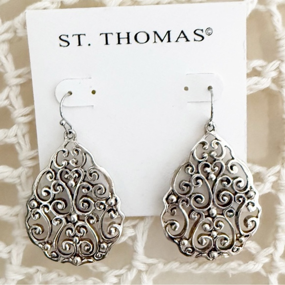 St. Thomas Silver Tone Vintage Style Boho Filigree Earrings - Pierced Fishhook